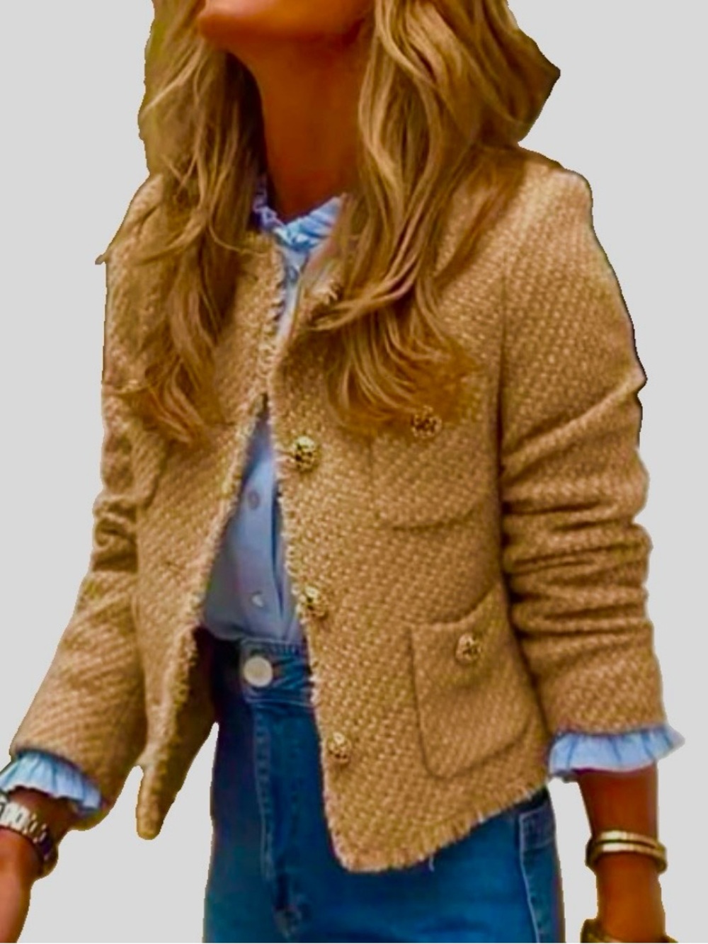 Mango Women’s Pocket Tweed Jacket Camel Raw Edges Sz L NEW!